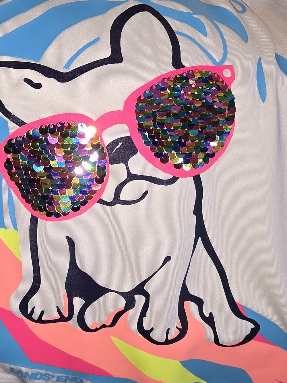 Lands End - Reversible Sequin Frenchie Dog Graphic Rash Guard - Neon Pink - XL